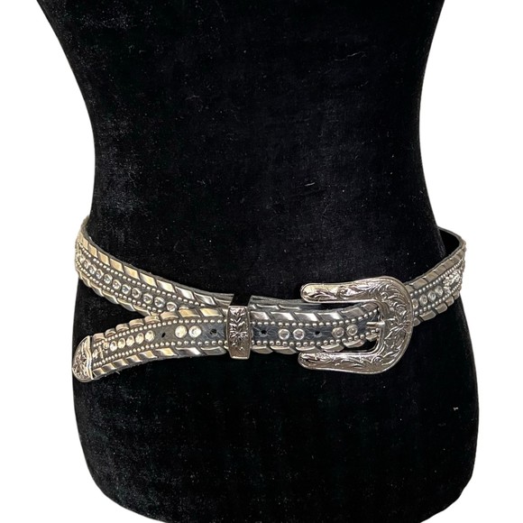 Kippys Accessories - Kippys Black Leather Swarovski Crystal Studded Etched Silver Buckle Belt Size 34